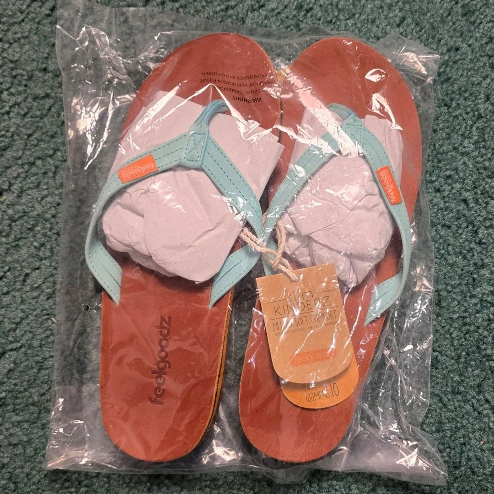Feelgoodz Slim Kinderz Womens 10 Seabreeze Leather Natural Rubber Flip Flops NWT - Picture 4 of 4